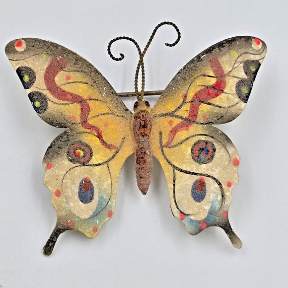 korea Jewelry - Vintage Sugar Frosted Enamel Butterfly Brooch Pin Gold Tone Korea Signed Flocked
